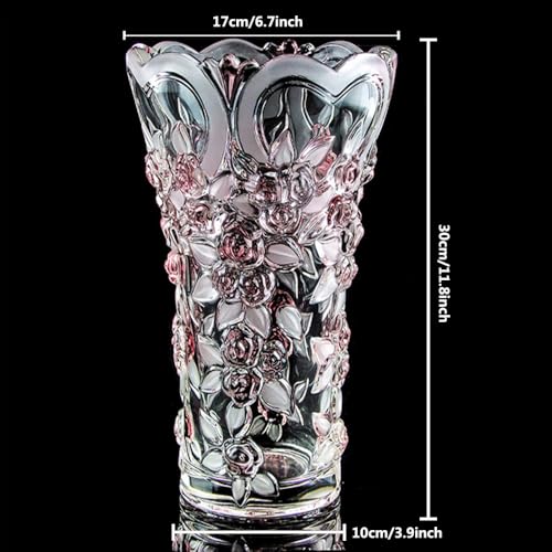 Large Crystal Glass Pink Vase 11.8" Tall, Unique Design -Pink Plum Blossoms Vase. Modern Vases for Living Room, Bedroom, Kitchen, Dining Table, Mantle, Wedding,
