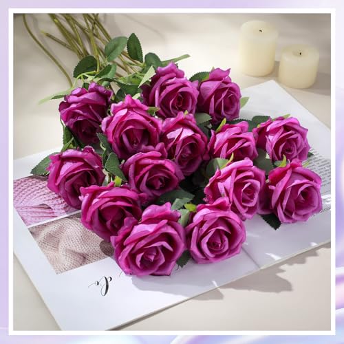 Hotop 40 Pcs Rose Artificial Flowers Bulk with Long Stem,Realistic Silk Fake Roses Bouquet for Home Wedding Centerpieces Party Table Decoration Valentines Gifts(Purple) - color: Purple