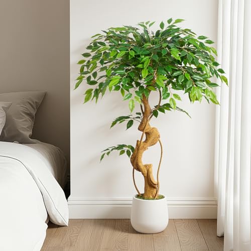 4ft Large Ficus Artificial Trees in White Pot, 48" Tall Fake Silk Tree with Natural Curved Trunk, Lush Faux Ficus Tree for Indoor Home Decor, Living Room, Office & Patio - size: 4ft