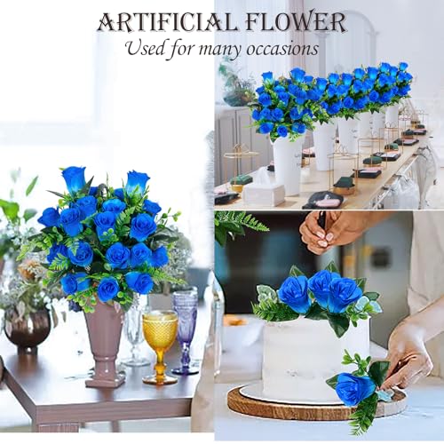 XONOR Artificial Rose Flowers - 4Bouquets Realistic Fake Silk Roses for Wedding Party Home Centerpieces Office DIY Cemetery Grave Decoration (Pack of 4, Blue) - color: Blue