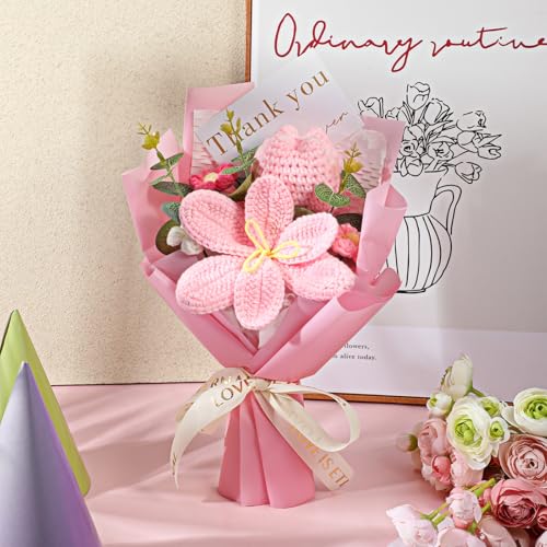 Crochet Flowers Bouquet Handmade Crochet Flowers Completed Crochet-Tulip-Flowers for Wedding Anniversary Birthday Graduation Gifts Birthday Home Decor, Pink