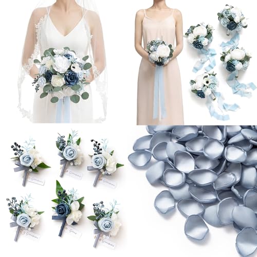 Ling's moment Wedding Artificial Flowers Package, Bridal Bouquet, Bridesmaid Bouquets, Boutonniere for Men, Rose Petals.Blue - color: Blu-blue