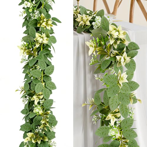 6FT Artificial Eucalyptus Garland with Flowers, Fake Greenery Vines Spring Ivy Leaves for Wedding Backdrop Arch, Table Centerpieces, Party, Home Room Party Indoor Outdoor Spring Decor - color: Eucalyptus Leaves