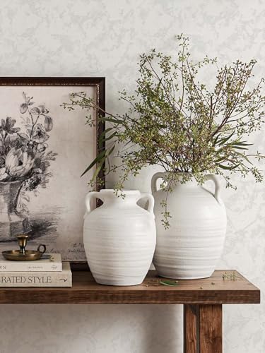Large White Ceramic Vase - 9.5 Inch Rustic Farmhouse Flower Vase with Handles for Home Decor, Vintage Tall Vase for Living Room, Table, Bathroom, Holiday & Weddings (Sandstone White) - color: 9.5 Inch-sandstone White