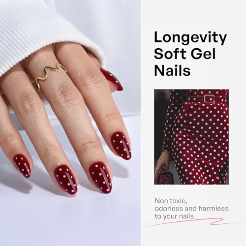 32Pcs Soft Gel Press on Nails for Women, Red Polka Dot, Short Almond | Retro Valentine Red Polka False Fake Nails Press Ons for Christmas Wear, Salon Quality Reusable Glue & Stick on Nail Gift Kit - color: 3F-Red Polka Dot