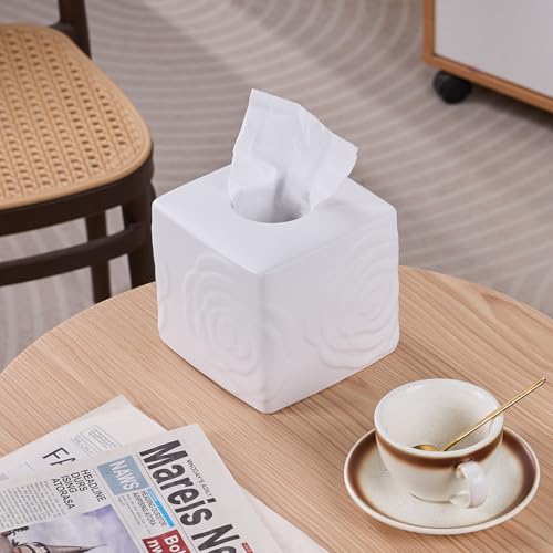 White Ceramic Rose Tissue Box Cover, Carved Flowers Large Square Tissue Box Holder Decorative for Bathroom, Vanity, Kitchen Countertop, Bedroom Night Stands, Office Desk Top - color: White