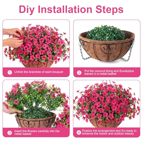 HyeFlora 2 Set Artificial Outdoor Flowers Hanging Basket, Faux Hanging Plants for Outside Spring Decoration, Fake Silk UV Resistant Look Real Daisy for Porch Patio Home Decor - color: Rose Red