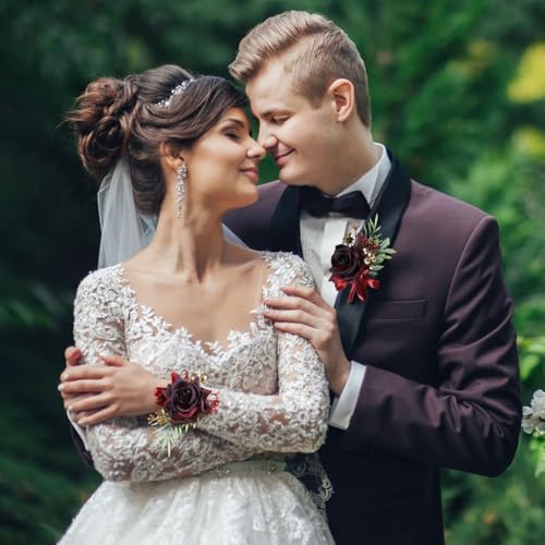 Wrist Corsage and Boutonniere Set, Artificial Burgundy Flower Women Corsage Men Boutonniere for Wedding Prom Homecoming Ceremony Anniversary (Burgundy Rose Set) - color: Burgundy Rose Set