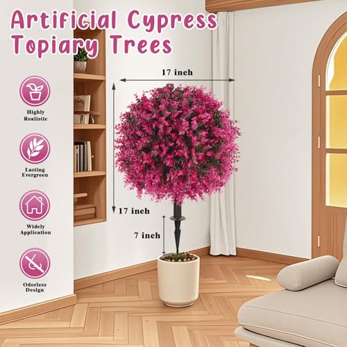 Grooy Artificial Topiary Tree with Pink Eucalyptus, Set of 2 Artificial Shrub Bushes with Ground Spike, Fake Evergreen Tree for Porch, Artificial Plants for Outdoor Planters Indoor UV Resist - color: Pink Eucalyptus