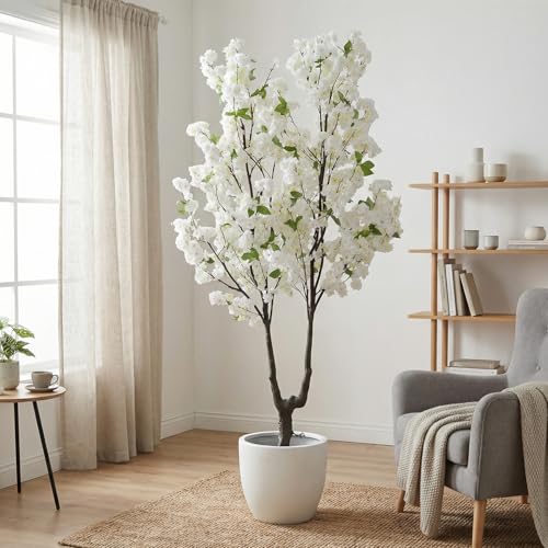 Faux Cherry Blossom Tree Artificial White Flowering Trees Fake Cherry Blossom Decorative Tree 6FT Indoor for Christmas New Year Home Decor - color: White-ap30