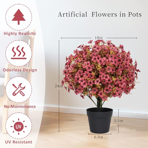 24" Artificial Fall Potted Plants Outdoor Set of 2, UV Resistant Faux Daisy Mum Flowers with Eucalyptus, Autumn Decorative Plants in Pots for Front Porch, Patio & Entryway - color: Fall Burgundy, size: 24in Daisy Eucalyptus