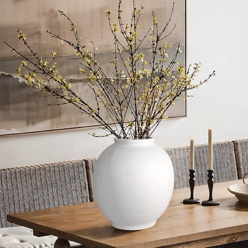 11" White Ceramic Vase, Rustic Farmhouse Living Room Home Decor | Artisan Handcrafted Large Ceramic Vase,Round Ceramic Flower Vase - size: 11.1Inch