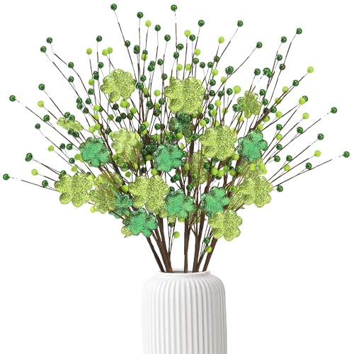 Sggvecsy St.Patrick's Day 6 Pcs Glitter Shamrock Berry Stems Artificial Foam Shamrock Picks Green Yellow Berry Branches for Irish St.Patrick's Day Arrangement Centerpiece Home Vase Decor - color: Green