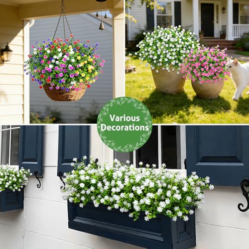Roberly 24 Bundles Artificial Flowers for Outdoors, UV Resistant Eucalyptus Fake Flowers Shrubs Greenery Plastic Plants for Garden Porch Window Box Farmhouse Indoor Home Decor, White - color: White