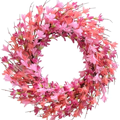 22inch Artificial Forsythia Flower Wreath Spring Summer Fall Wreath Silk Leaves for Front Door Decoration Porch Farmhouse Patio Garden Home Decor (Pink) - color: Pink