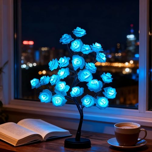 Rose Tree Lamp，Rose Flower Night Light, Led Tabletop Pink Tree Lights, Lower Lamp Girls Gift for Mother’S Day, Lighted Tabletop Tree for Christmas Wedding Decor Valentine’S Day - style: blue Rose