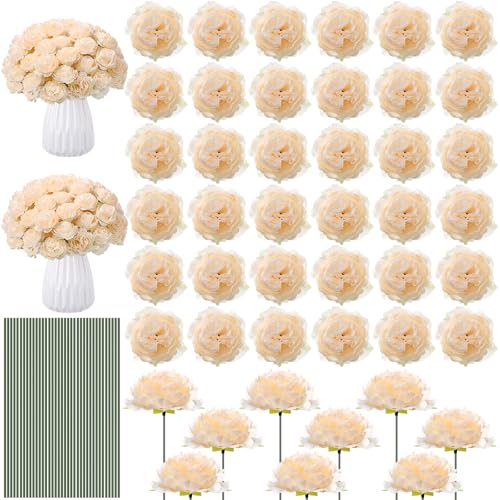 Thiccywoov 200 Pcs Flowers Long Stem Artificial Rose Bulk, 3.2 Inches Silk Rose Head Flowers Faux for Wedding Bridal Bouquet Independence Day Home Floral DIY Centerpieces Party Decoration(Champagne) - color: Champagne