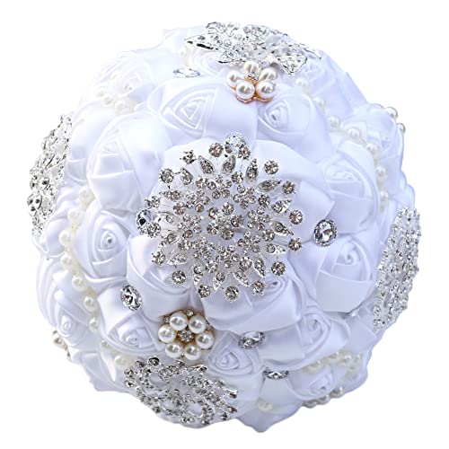 Sharebeauty 7.9 Inch Handmade Satin Rose Bridal Bouquet Toss Round Wedding Bouquet Throw Toss Artificial Flower Bunch White - color: W3217d03 White