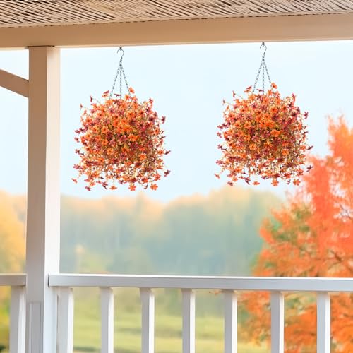 INQCMY Fall Artificial Faux Hanging Flowers Plants Basket for Outdoor Outside Decoration,Fake Silk Daisy in Planter Realistic UV Resistant for Home Porch Balcony Patio Yard Autumn Decor（Orange Brown） - color: Z Orange Brown