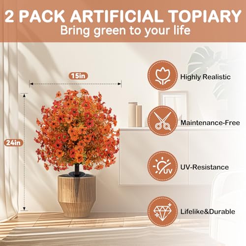 ENVEN Artificial Topiary Ball Trees with Ground Spikes UV Resistant Faux Greenery Shrubs Fake Shrubs for Outdoors, Realistic Faux Plants Bushes for Garden Porch Yard Patio Decor (Orange Small Flower) - color: Orange Small Flower