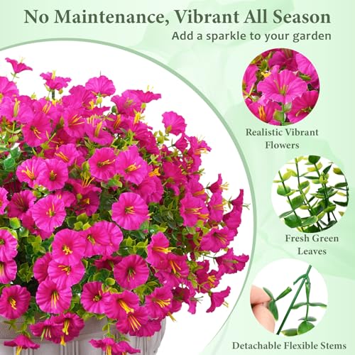 MARTINE MALL 12 Bundles Look Real Artificial Flowers for Outdoors, Realistic Fake Outdoor Flowers, UV Resistant Silk Petunia Flowers for Outside Faux Flowers Plants for Outdoor Porch, Fuchsia - color: Fuchsia, size: 12 Bundles