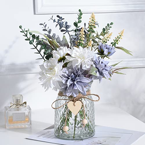 Fake Flowers Artificial Blue Flowers with Vase, Table Centerpieces for Dining Room, Silk Flower Arrangements for Home, Living Room Bathroom Plant Decor, Centerpiece Table Decorations - color: White and Blue
