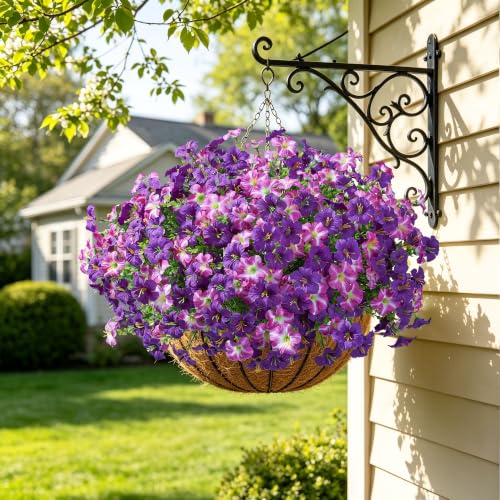 Artificial Flowers for Outdoors Fake Plants Outside Decoration, 20 Bundles Silk Petunia with Eucalyptus UV Resistant Realistic Faux Flowers for Outdoor Planters Garden Balcony Yard Porch Patio, Mix - color: 10 Purple, 10 Gradient Fuchsia