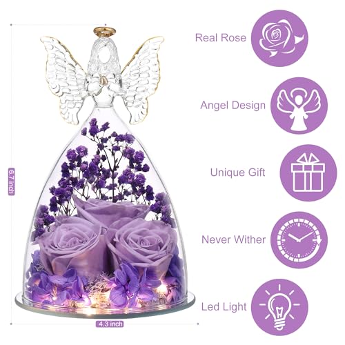 Mothers Day Mom Gifts for Women Preserved Flowers in Glass Angel Forever Flowers Gifts Eternal Roses Gifts for Grandma, Light Purple - color: Light Purple