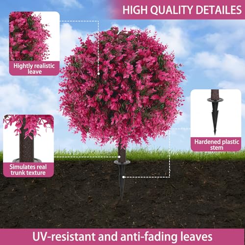 Yangrass Artificial Pink Eucalyptus Topiary Ball Trees with Ground Spike, Set of 2 UV Resistant Artificial Shrubs, Fake Evergreen Artificial Plant Bushes for Indoor Outdoor Front Porch Garden - color: Pink Eucalyptus