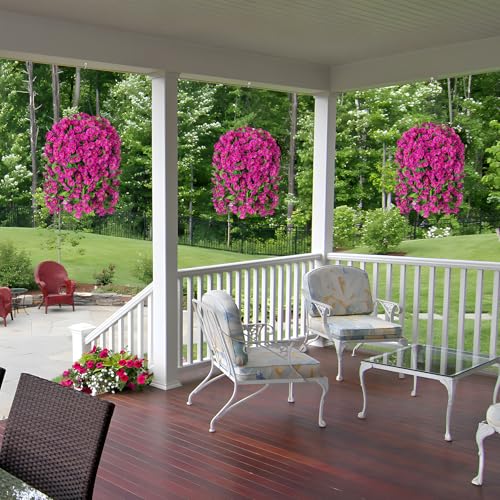 Ammyoo Artificial Faux Hanging Flowers Basket for Spring Summer Outdoor Porch Decoration, Fake Silk Colorful Morning Glory Eucalyptus in Planter UV Resistant for Home Balcony Yard(Red Purple) - color: Red Purple