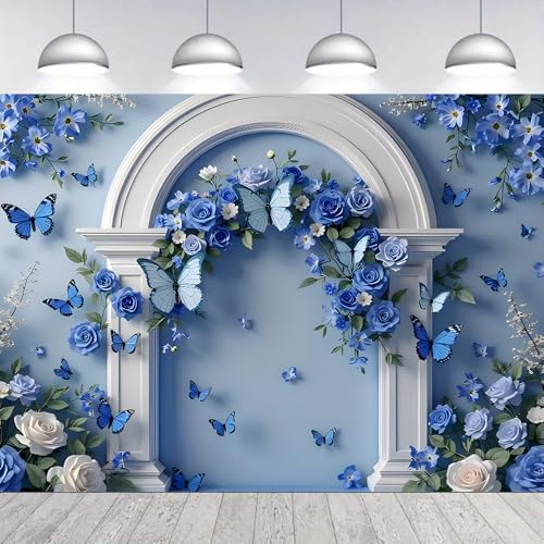 Blue Flowers Butterfly White Arched Doorway Backdrops Light Blue Background Rose and Green Leaves Wedding Photography Backdrop Bridal Shower Wedding Anniversary Decorations Backdrop (A, 7 * 5feet) - color: A, size: 7*5feet