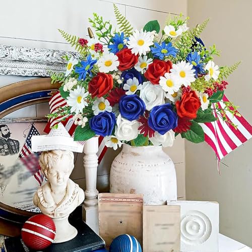 Patriotic Artificial Flower Bouquet Red White and Blue Roses and Daisies 4th of July Independence Day Memorial Day Table Centerpiece Holiday Party Art Decoration Supply