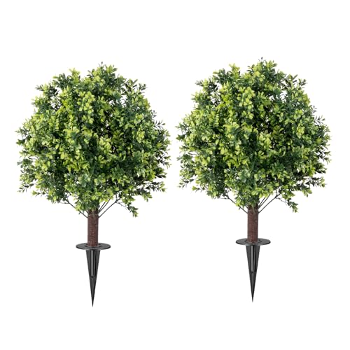 Artificial Boxwood Topiary Ball Tree Set of 2, UV Resistant Artificial Outdoor Shrubs with Spike, Decorative Evergreen Fake Topiary Bushes Plant for Front Porch Garden - color: Topiary Ball Tree-1