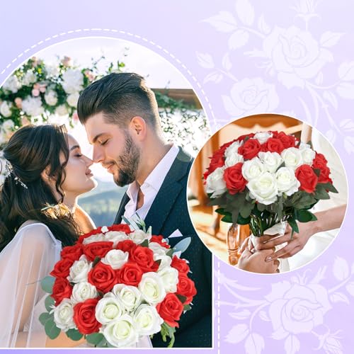 30pcs Fake Roses Artificial Silk Flowers Long Stems Bouquet for Wedding Bridal Shower Party Home Decoration (White + Red) - color: White + Red