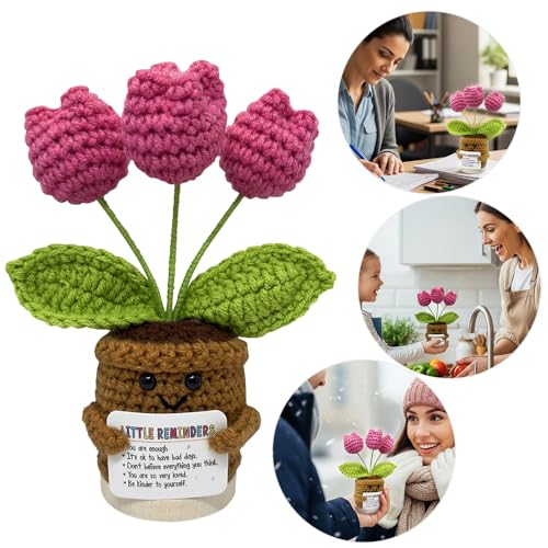 Ucuber Handmade Crochet Tulips Flowers, Positive Crochet Flower Emotional Support Gift,Inspirational Appreciation Birthday Gifts for Women, Mom, Teacher, Coworker (Little Reminders)