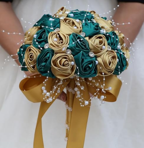 Ujicde Romantic Wedding Bouquet Bridal Bridesmaid Round Bling Brooch Bouquet Throw Toss Artificial Rose Flower Bunch with Sparkle Rhinestone Crystal Decoration(Dark Green+Gold,Dia. 6.3"*16cm) - color: Dark Green+gold, size: Dia. 6.3"*16cm