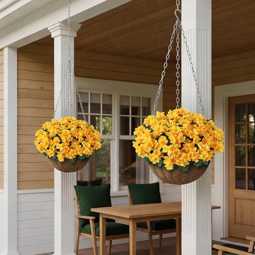 Juxdp 8 Bundles Artificial Camellia, Fake Silk Bouquet Flowers(Yellow) | Full＆Vibrant, Fade-resistant, UV-resistant＆Waterproof, for Front Door/Garden/Farmhouse/Outdoor/Home/Spring/Summer Decor - color: Yellow