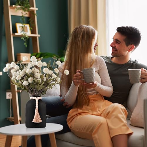 20''H Fake Flowers in Large Vase for Centerpiece Table Decorations with 10Pcs Fake Mums Flowers Eucalyptus Stems Faux Pompon Kiku Flowers Arrangement for Home Decor (White/Black Vase) - color: White/Black Vase