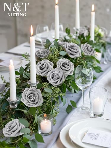 N&T NIETING Artificial Rose,25pcs Real Touch Fake Flowers Rose with Stems for DIY Wedding Bridesmaid Bridal Bouquets Centerpieces Home Arrangement Cake Decoration Home Display,Gray - color: Grey, size: 25pcs
