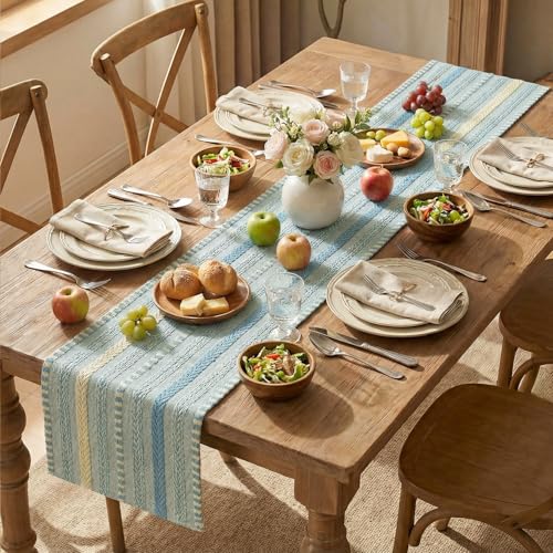 Artoid Mode Sky Blue Farmhouse Woven Table Runner, Seasonal Holiday Rustic Kitchen Dining Table Decoration for Home Party Decor 12x72 Inch - color: Sky Blue, size: 12" x 72", Table Runner
