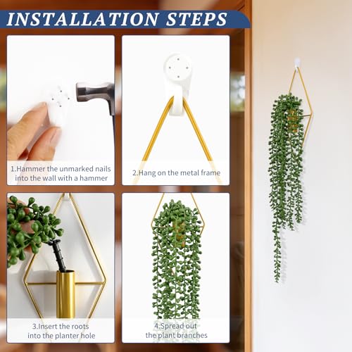 2 Pack Artificial Hanging Plants with Geometric Metal Wall Planter, Faux String of Pearls Hanging Plant, Fake Succulent Vine Potted Plant for Wall Decor, Indoor Outdoor Home Office Garden Patio Decor - color: String of Pearls-b, size: 2Pack