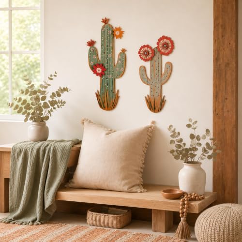 flangairy 15.7in Layered Cactus Wall Decor, Set of 2 Wooden Cactus Flower Picture Southwestern Wall Art, Western Room Bathroom Bedroom Nursery Kitchen Decorations for Home