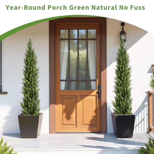 6FT Artificial Topiary Trees Outdoor Set of 2, UV-Resistant Faux Cedar Trees for Outdoor Planters, Tall Evergreen Plants for Front Porch, Entryway, Patio Decor - size: 6ft