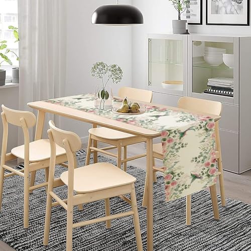 Hummingbird Floral Table Runner,Pink Rose Eucalyptus Green Leaves Nature Plant Table Runner for Holiday Kitchen Living Room Home Party Decor 13x36 Inch - color: Hummingbird-2, size: 13x36in