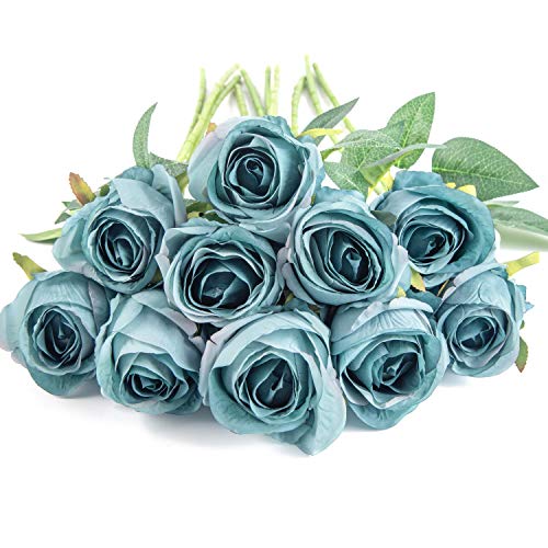 10pcs Artificial Rose Flowers Long Stem Fake Silk Roses for DIY Wedding Bouquet Table Centerpiece Home Decor (Blue) - color: Blue