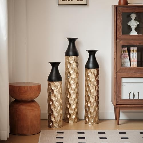 Floor Vases, Tall Home Decor Metal Vase Set of 3 Large Glazed Decorative Vases for Wedding Decor, Elegant Modern Flower Holder for Living Room, Entryway, Hallway - color: Hexagon Black Gold