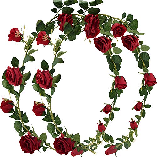 FiveSeasonStuff Classic Red Artificial Silk Roses Flower Garland, Bendable Hanging Vines (2pcs, 11ft) - color: Classic Rose Red