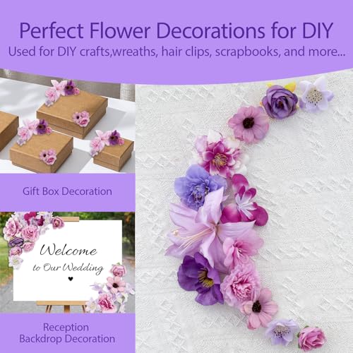 Artificial Flowers Heads Purple Silk Faux Flower Heads Fake Roses Peonies Lily Daisy Flowers Bulk for DIY Craft Cake Wedding Party Bridal Baby Shower Graduation Cap Table Home Decoration - color: Purple