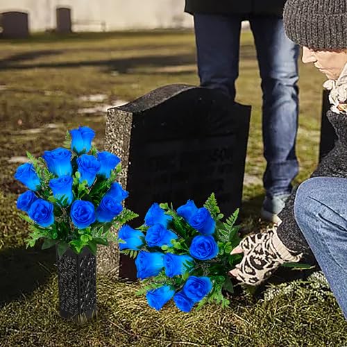 Artificial Cemetery Flowers, Grave Memorial Flowers, Set of 2 Artificial Rose Bouquet with Vase for Cemetery Headstones Gravesites Decoration (Blue) - color: Blue