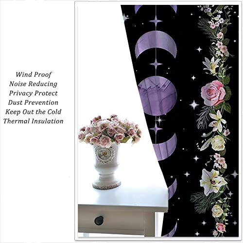 Purple Boho Floral Wildflower Rod Pocket Blackout Curtains for Bedroom,Moon Phase Moonlit Garden Witchy Gothic Aesthetic Energy Efficient Home Window Drapes for Living Room Noise Reducing,55x63in - color: Purple Boho Floral Wildflower-008, size: 55"W x 63